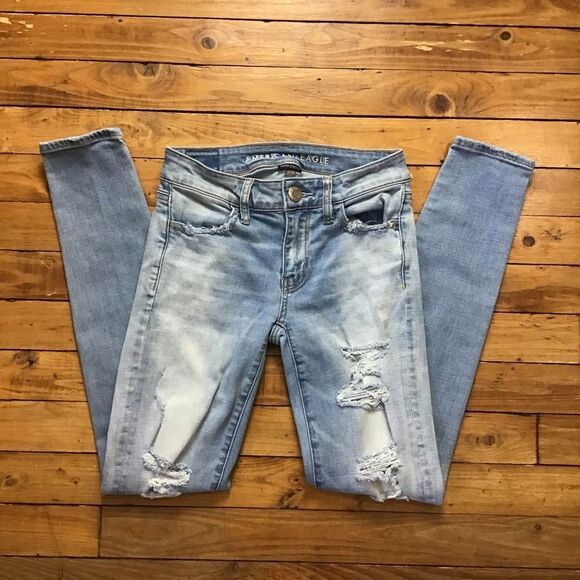 Aeo ripped jeggings jeans light blue distressed soft stretchy jeans size 0 cool - Picture 4 of 12
